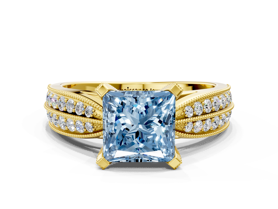 Yellow gold Fancy Blue Princess  Solitaire Diamond Ring with Milgrain Pavé Band and Four-Prong Setting_35