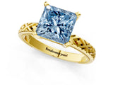 Yellow gold Fancy Blue Princess  Solitaire Diamond Ring with Milgrain and Black Enamel X Pattern Band_198