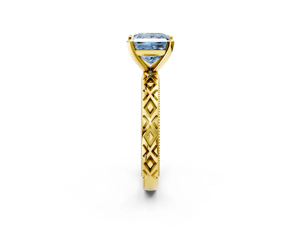 Yellow gold Fancy Blue Princess  Solitaire Diamond Ring with Milgrain and Black Enamel X Pattern Band