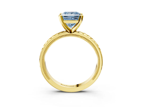 Yellow gold Fancy Blue Princess  Solitaire Diamond Ring with Milgrain and Black Enamel X Pattern Band