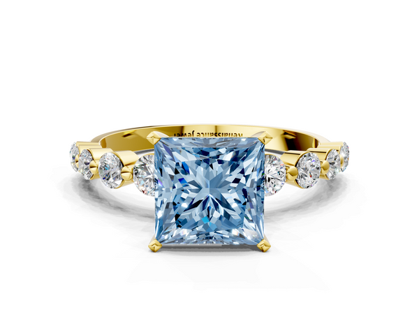Yellow gold Fancy Blue Princess Cut Solitaire Diamond Ring with Pave Band and Four-Prong Setting