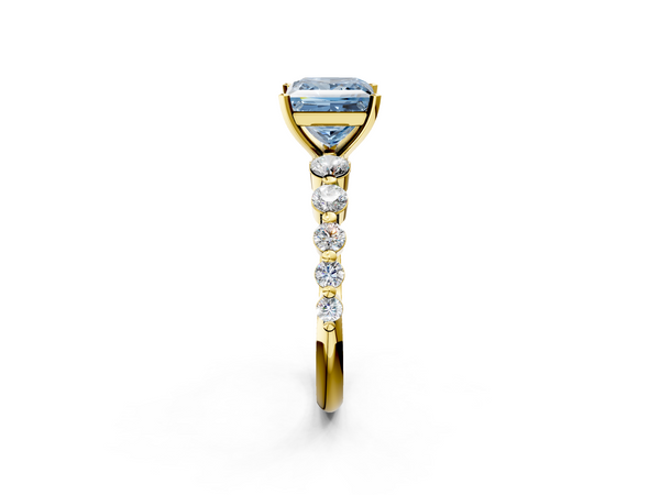 Yellow gold Fancy Blue Princess Cut Solitaire Diamond Ring with Pave Band and Four-Prong Setting
