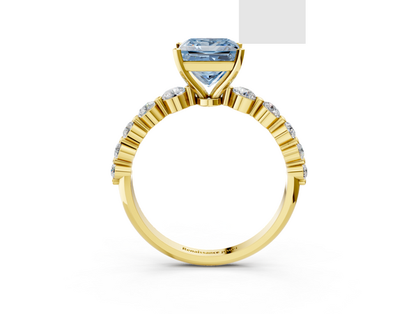 Yellow gold Fancy Blue Princess Cut Solitaire Diamond Ring with Pave Band and Four-Prong Setting