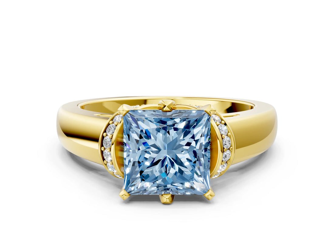 Yellow gold Fancy Blue Princess  Solitaire Diamond Ring with Pave Band and Six-Prong Setting_20