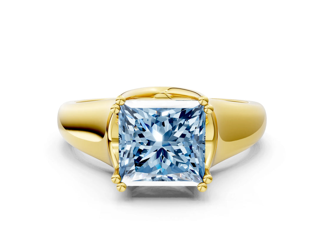 Yellow gold Fancy Blue Princess  Solitaire Diamond Ring with Six-Prong Cathedral Setting_33