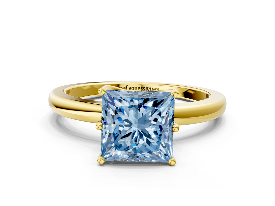 Yellow gold Fancy Blue Princess  Solitaire Diamond Ring with Six-Prong Setting on a Classic Band_3