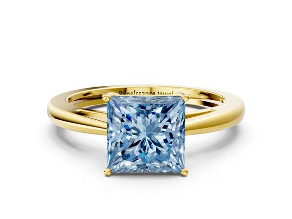 Yellow gold Fancy Blue Princess  Solitaire Diamond Ring with Split Shank and Four-Prong Setting