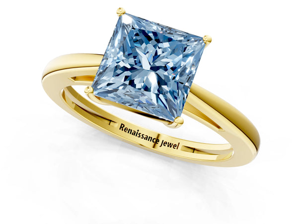 Yellow gold Fancy Blue Princess  Solitaire Diamond Ring with Split Shank and Four-Prong Setting