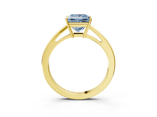 Yellow gold Fancy Blue Princess  Solitaire Diamond Ring with Split Shank and Four-Prong Setting