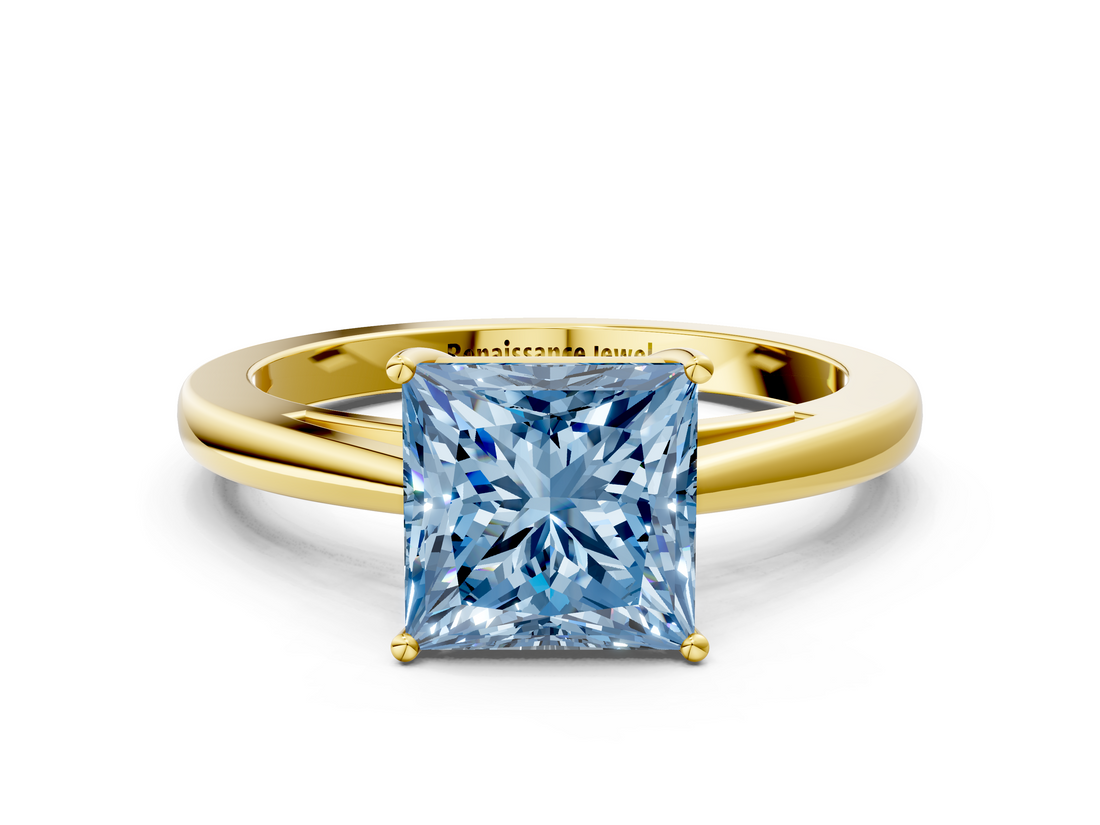 Yellow gold Fancy Blue Princess  Solitaire Diamond Ring with Split Shank and Four-Prong Setting_20