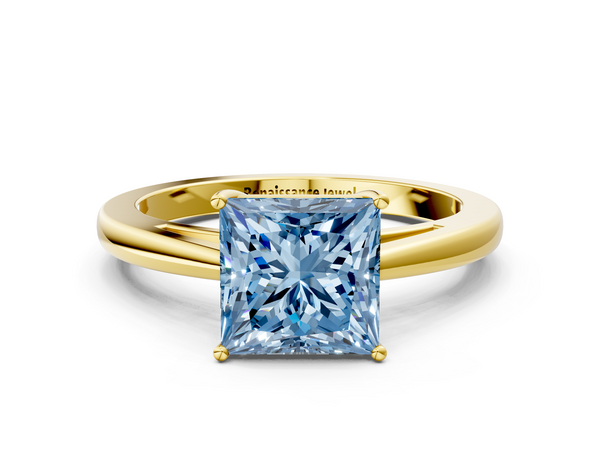 Yellow gold Fancy Blue Princess  Solitaire Diamond Ring with Split Shank and Four-Prong Setting