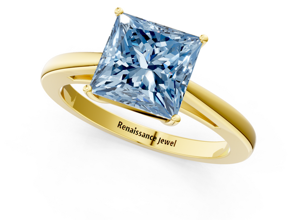Yellow gold Fancy Blue Princess  Solitaire Diamond Ring with Split Shank and Four-Prong Setting