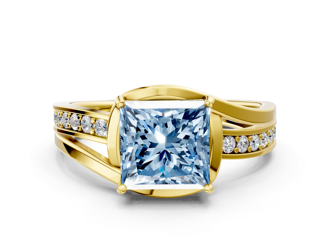 Yellow gold Fancy Blue Princess  Solitaire Diamond Ring with Split Shank and Prong Setting_40