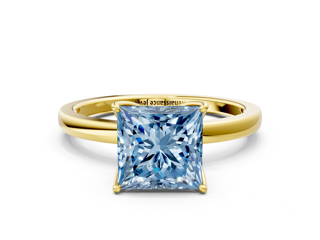 Yellow gold Fancy Blue Princess  Solitaire Diamond Ring with Thin Band and Four-Prong Setting_3
