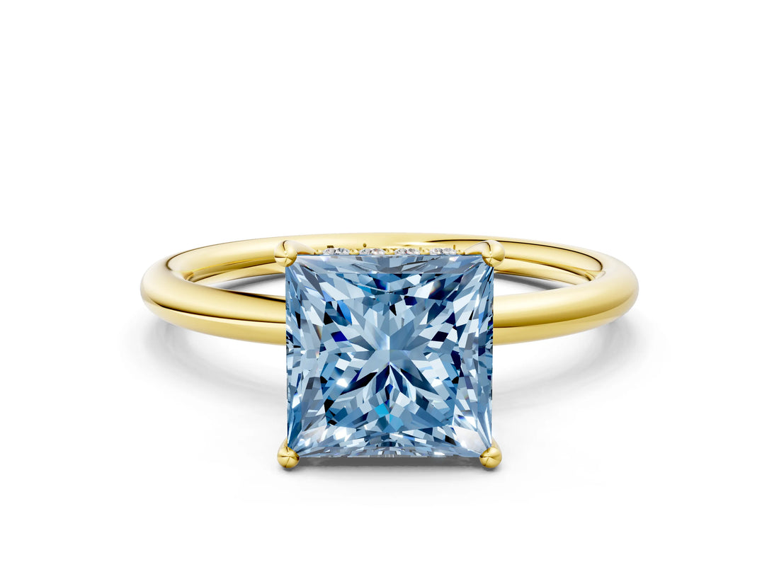 Yellow gold Fancy Blue Princess  Solitaire Diamond Ring with a Classic Band and Four-Prong Setting 1