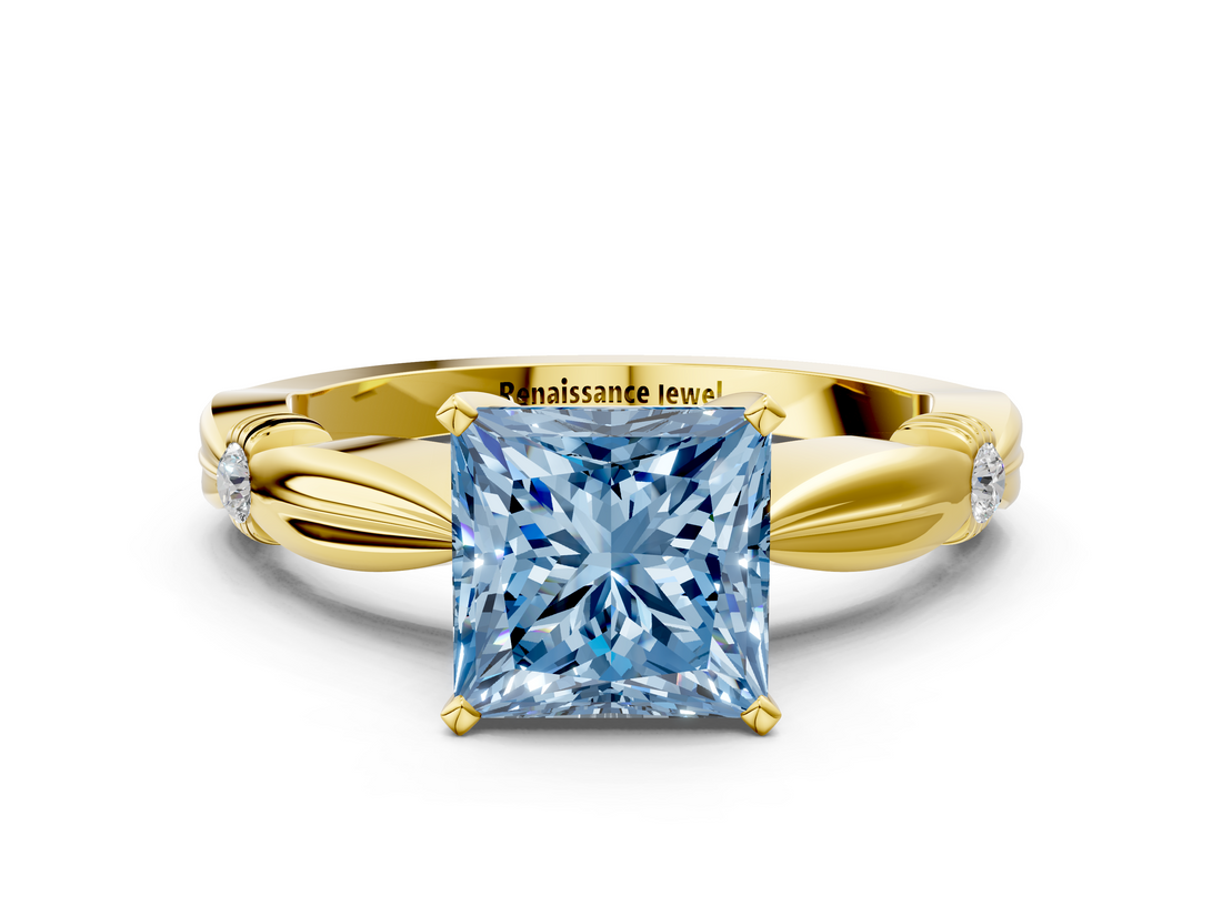 Yellow gold Fancy Blue Princess  Solitaire Diamond Twisted Band with Four-Prong Setting_42