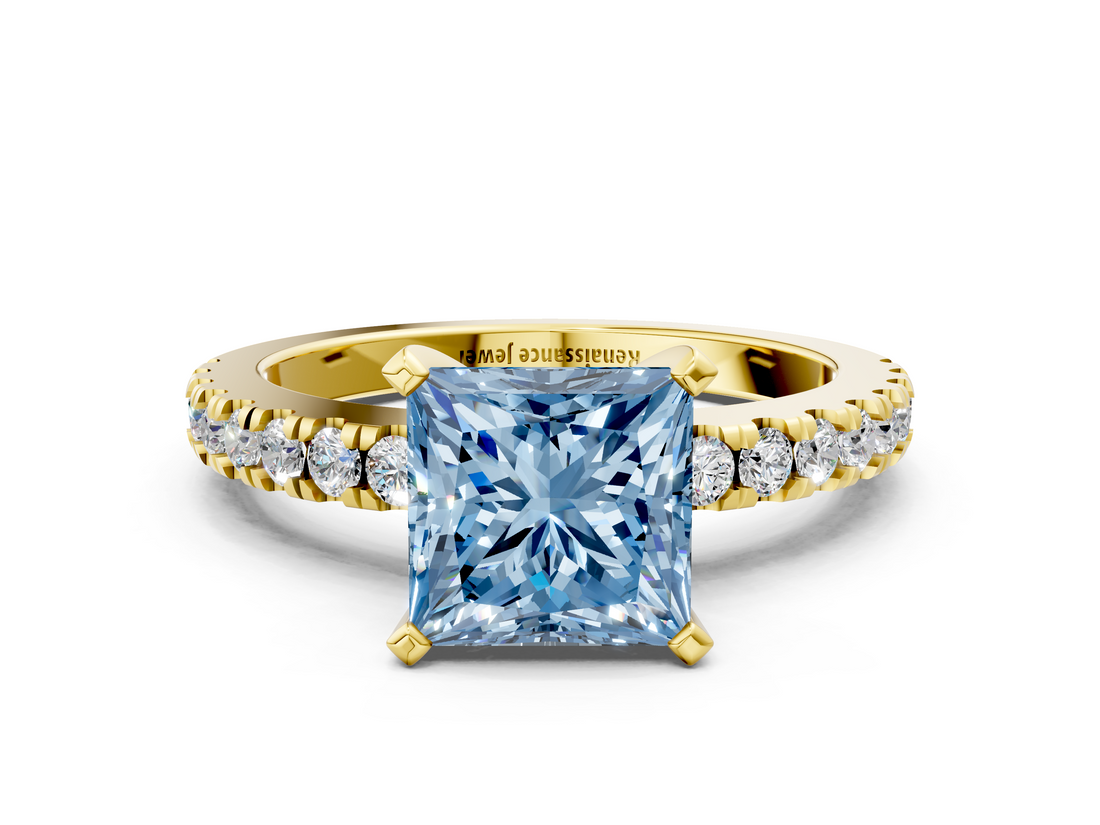Yellow gold Fancy Blue Princess  Solitaire Diamond with Pavé Band and Four-Prong Setting_67