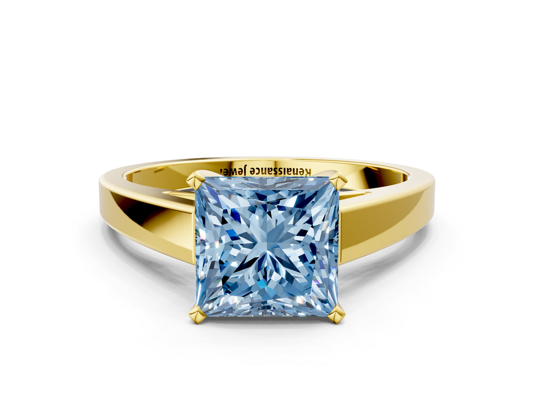 Yellow gold Fancy Blue Princess  Solitaire Engagement Ring with Four-Prong Setting and Tapered Band_3