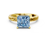 Yellow gold Fancy Blue Princess  Solitaire Engagement Ring with Scrollwork Band and Four-Prong Setting_261