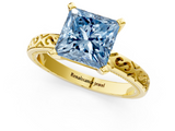 Yellow gold Fancy Blue Princess  Solitaire Engagement Ring with Scrollwork Band and Four-Prong Setting_262