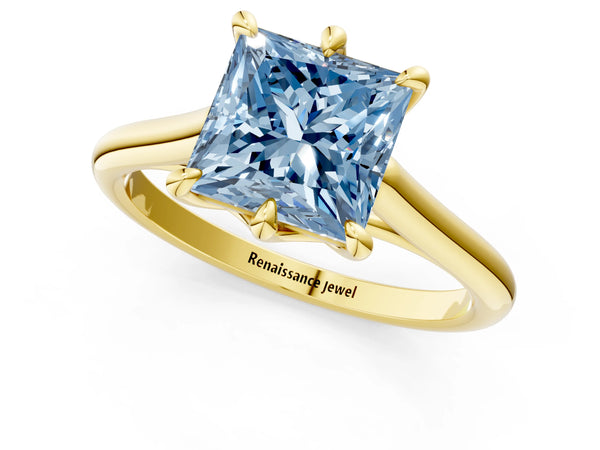 Yellow gold Fancy Blue Princess  Solitaire Engagement Ring with Six-Prong Setting and Classic Band