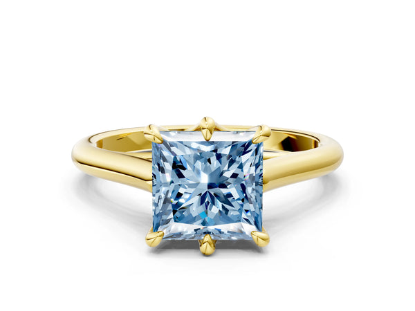 Yellow gold Fancy Blue Princess  Solitaire Engagement Ring with Six-Prong Setting and Classic Band