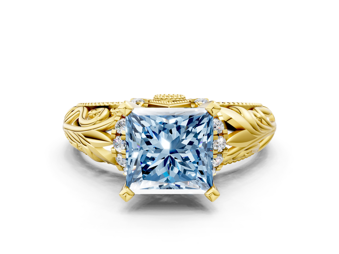 Yellow gold Fancy Blue Princess  Solitaire Filigree Engagement Ring with Halo and Prong Setting_51