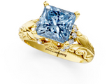 Yellow gold Fancy Blue Princess  Solitaire Filigree Engagement Ring with Halo and Prong Setting_52
