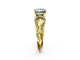 Yellow gold Fancy Blue Princess  Solitaire Filigree Engagement Ring with Halo and Prong Setting_53