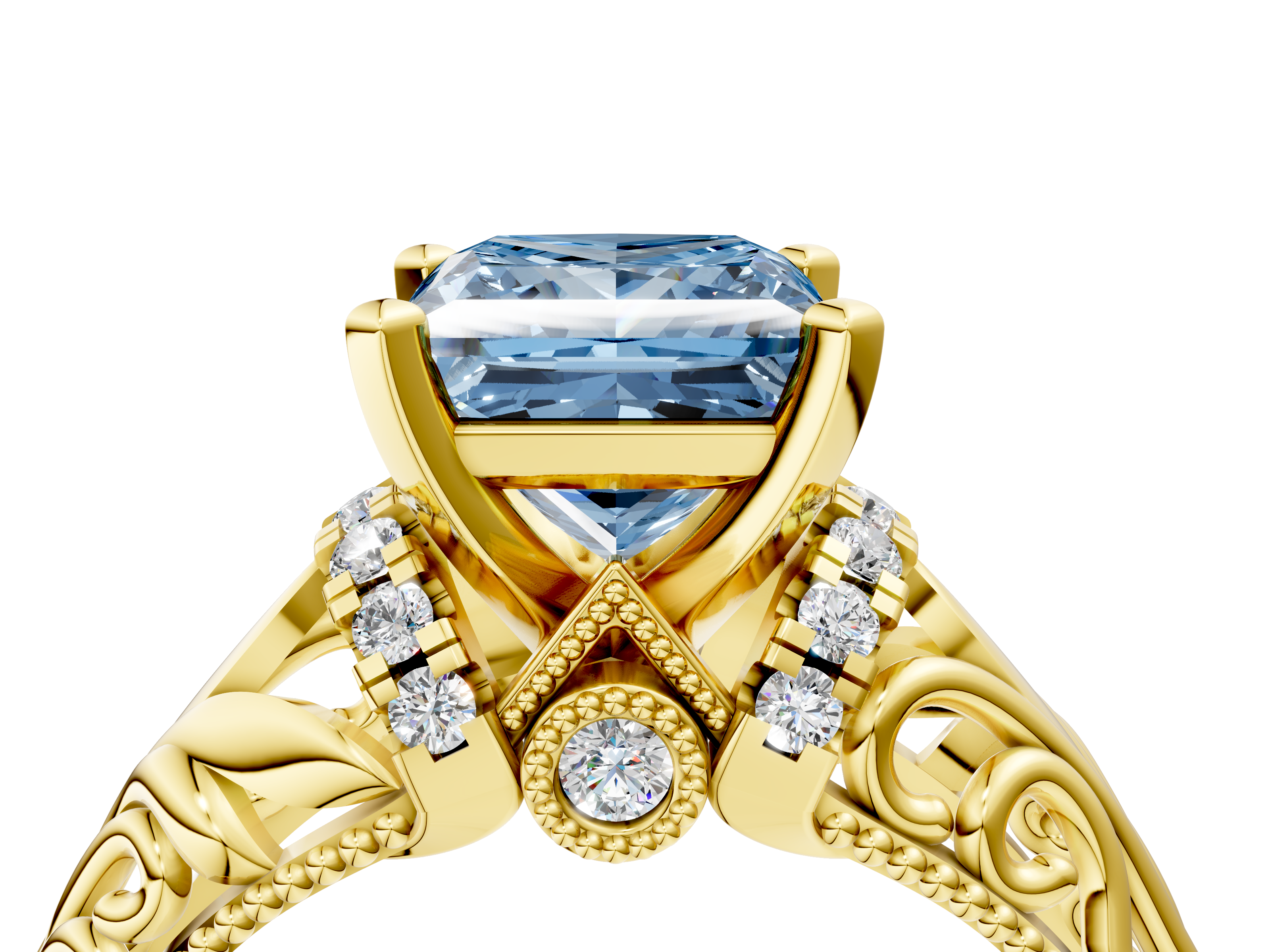 Yellow gold Fancy Blue Princess  Solitaire Filigree Engagement Ring with Halo and Prong Setting_55