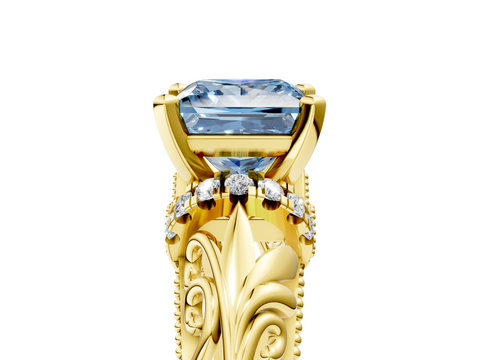 Yellow gold Fancy Blue Princess  Solitaire Filigree Engagement Ring with Halo and Prong Setting_56