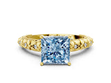 Yellow gold Fancy Blue Princess  Solitaire Floral Milgrain Engagement Ring_30