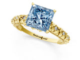 Yellow gold Fancy Blue Princess  Solitaire Floral Milgrain Engagement Ring_31