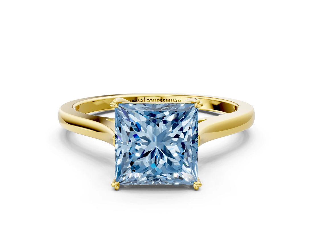 Yellow gold Fancy Blue Princess  Solitaire Heart Prong Engagement Ring with Tapered Band_55