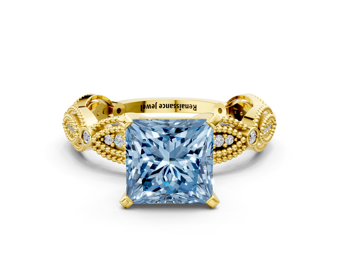 Yellow gold Fancy Blue Princess  Solitaire Milgrain Diamond Engagement Ring with Bezel and Marquise Band_112