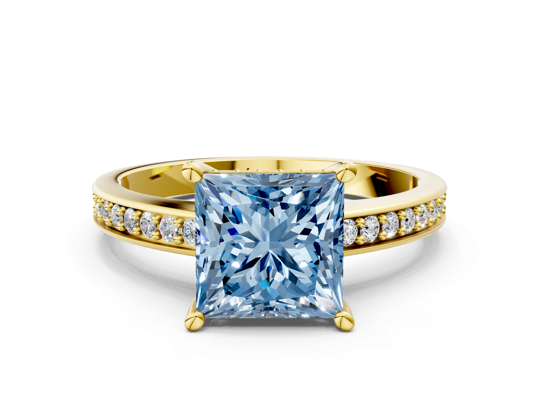 Yellow gold Fancy Blue Princess  Solitaire Pavé Band Prong Setting Ring_19
