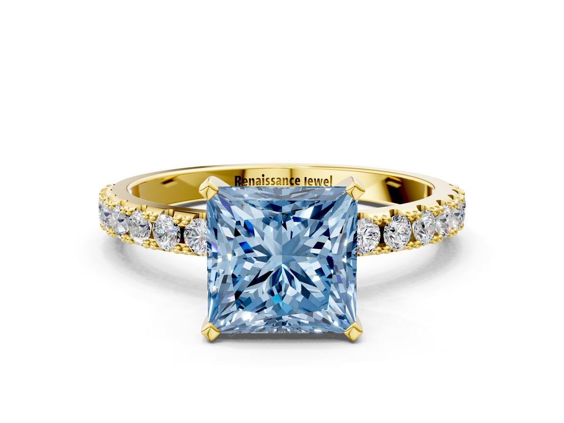 Yellow gold Fancy Blue Princess  Solitaire Pavé Band with Four-Prong Setting_144