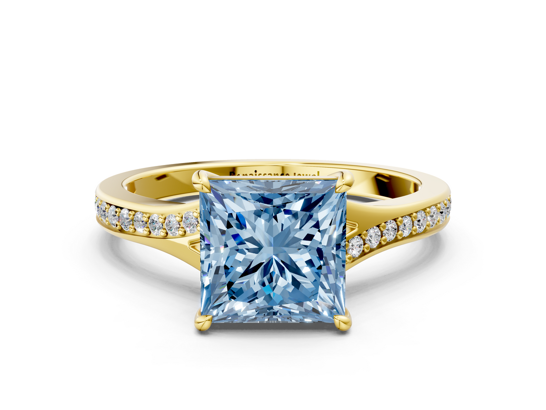 Yellow gold Fancy Blue Princess  Solitaire Pavé Band with Four-Prong Setting_28