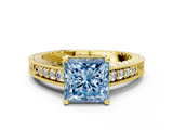 Yellow gold Fancy Blue Princess  Solitaire Pavé Diamond Milgrain Engagement Ring with Four-Prong Setting_3
