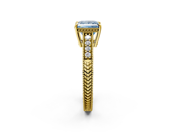 Yellow gold Fancy Blue Princess  Solitaire Pavé Diamond Milgrain Engagement Ring with Four-Prong Setting