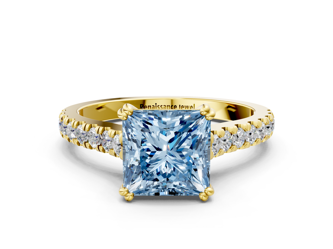 Yellow gold Fancy Blue Princess  Solitaire Pave Diamond Engagement Ring with Prong Setting_20