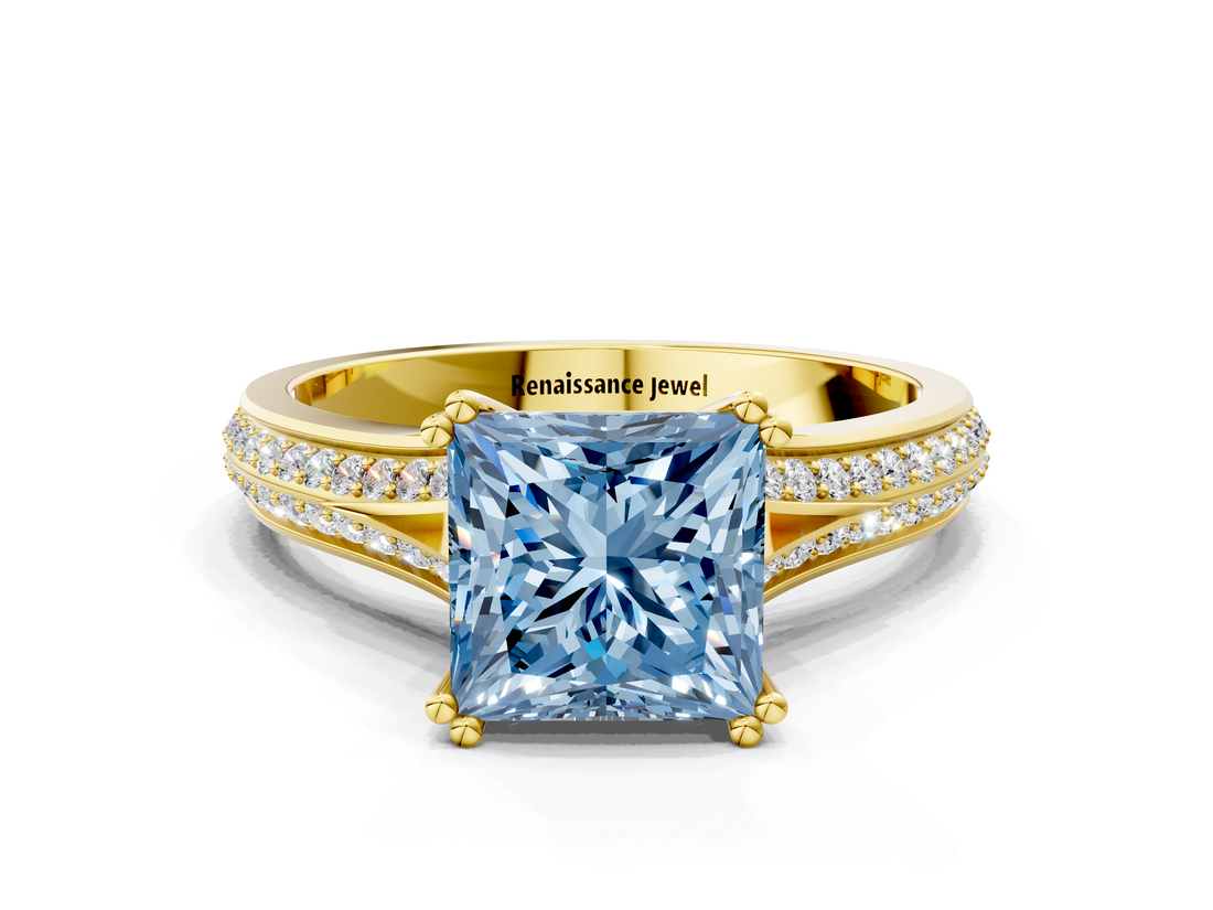 Yellow gold Fancy Blue Princess  Solitaire Pave Split Shank Engagement Ring with Six-Prong Setting_36