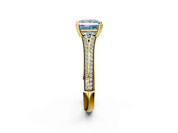 Yellow gold Fancy Blue Princess Cut Diamond Split Shank Engagement Ring with Pavé Band