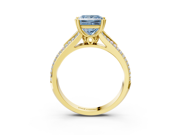 Yellow gold Fancy Blue Princess Cut Diamond Split Shank Engagement Ring with Pavé Band