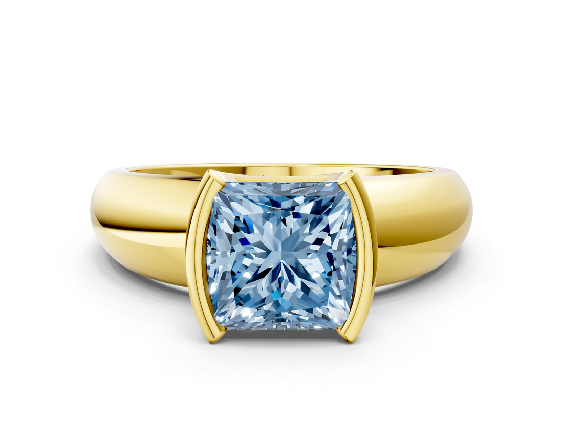 Yellow gold Fancy Blue Princess  Solitaire Tension Set Diamond Ring with Wide Band_15