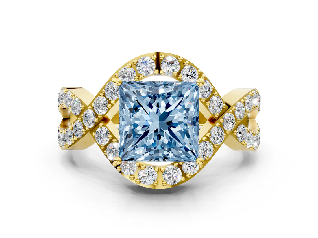 Yellow gold Fancy Blue Princess  Solitaire Twist Band Pavé Diamond Engagement Ring_84