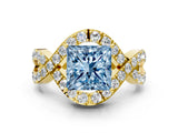 Yellow gold Fancy Blue Princess  Solitaire Twist Band Pavé Diamond Engagement Ring_84