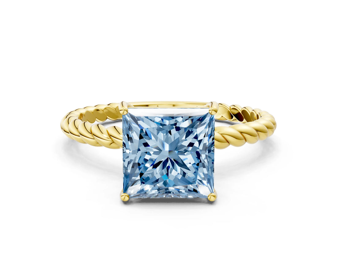 Yellow gold Fancy Blue Princess  Solitaire Twist Band Ring with Four-Prong Setting_68