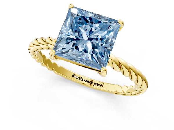 Yellow gold Fancy Blue Princess  Solitaire Twist Band Ring with Four-Prong Setting