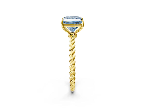 Yellow gold Fancy Blue Princess  Solitaire Twist Band Ring with Four-Prong Setting